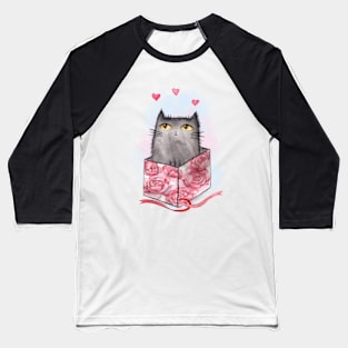 Watercolor cute cat in box with beautiful peonies. Baseball T-Shirt